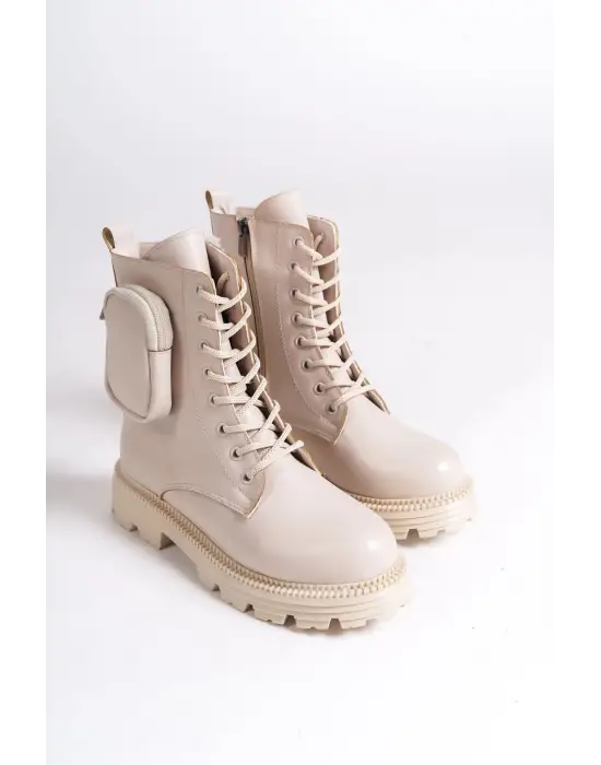 Gına Bağcıklı Fermuarlı Ortopedik Taban Çantalı Kadın Bot  Kt - Krem
