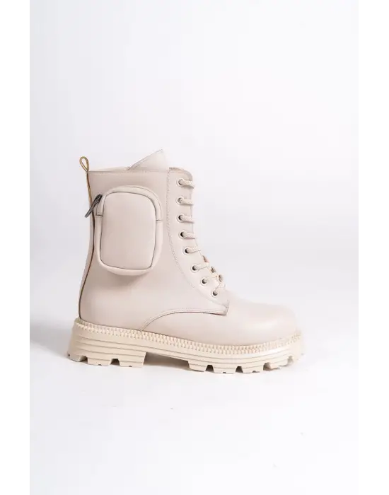 Gına Bağcıklı Fermuarlı Ortopedik Taban Çantalı Kadın Bot  Kt - Krem