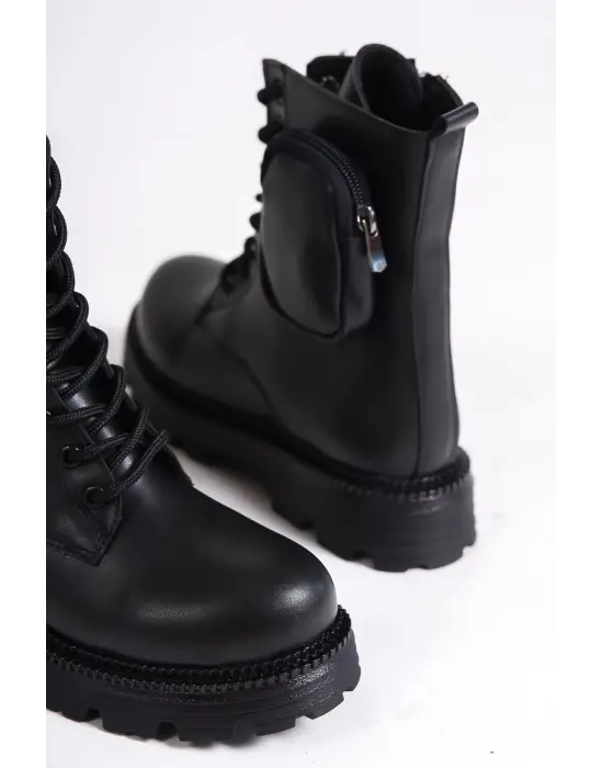 Gına Bağcıklı Fermuarlı Ortopedik Taban Çantalı Kadın Bot St - Siyah