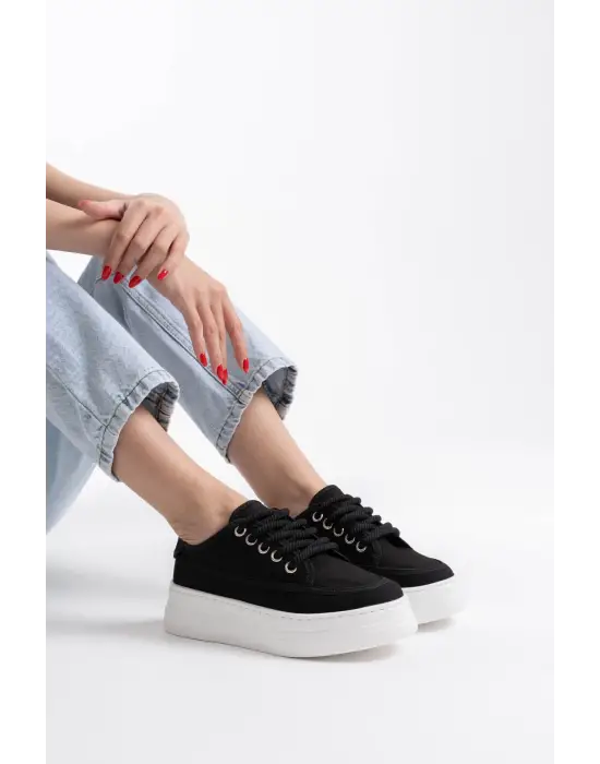 Glown Kadın Siyah Keten Spor Ayakkabı