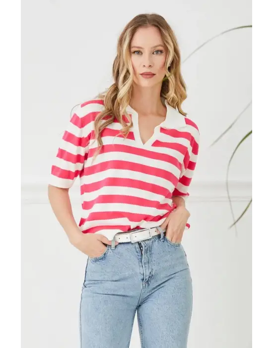 Gömlek Yaka Çizgili Triko Tişört