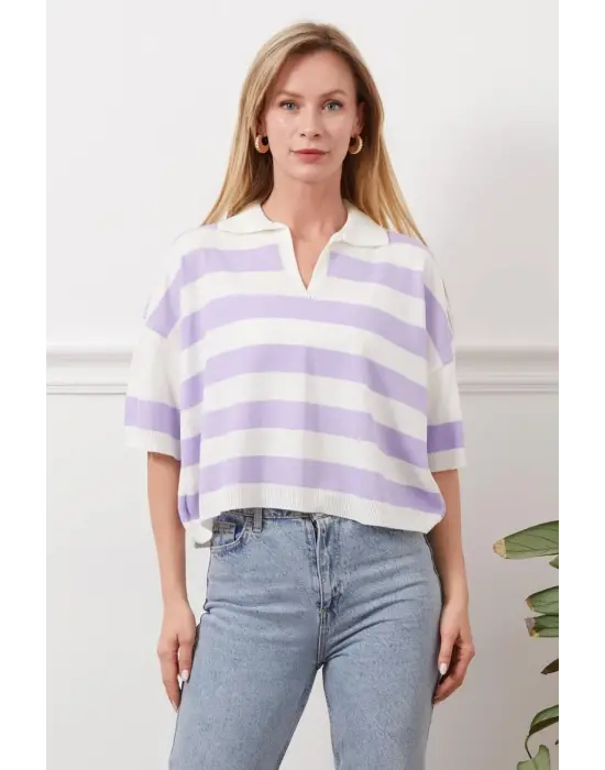 Gömlek Yaka Çizgili Triko Tişört