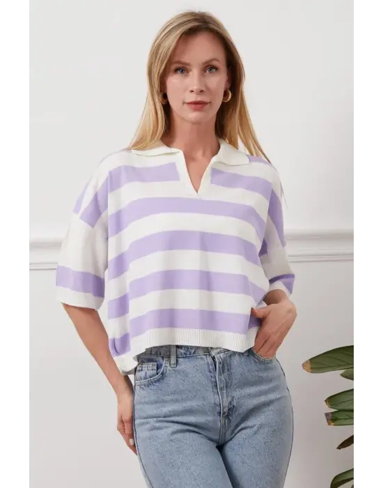 Gömlek Yaka Çizgili Triko Tişört