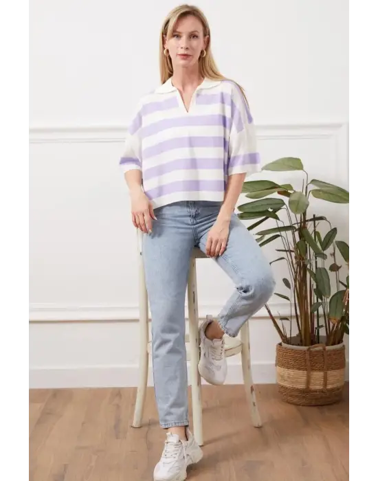 Gömlek Yaka Çizgili Triko Tişört