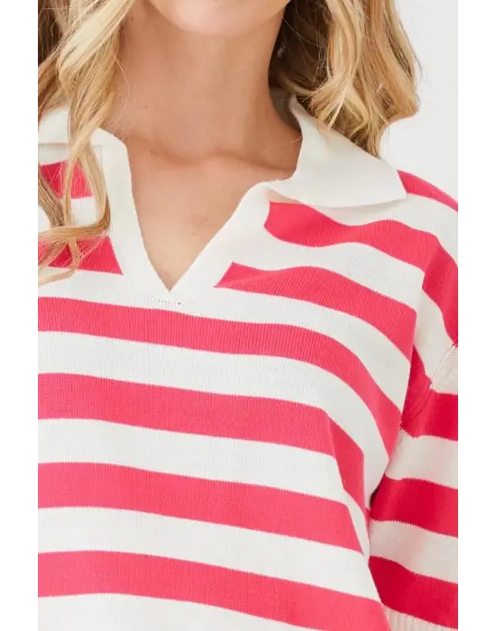 Gömlek Yaka Çizgili Triko Tişört