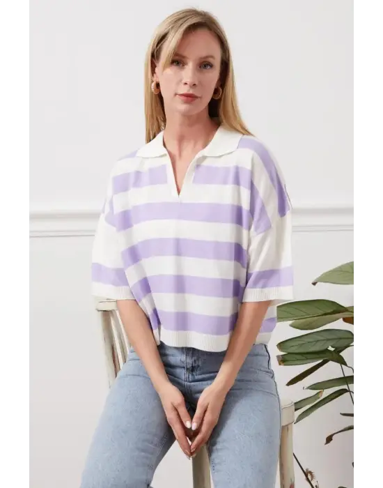 Gömlek Yaka Çizgili Triko Tişört