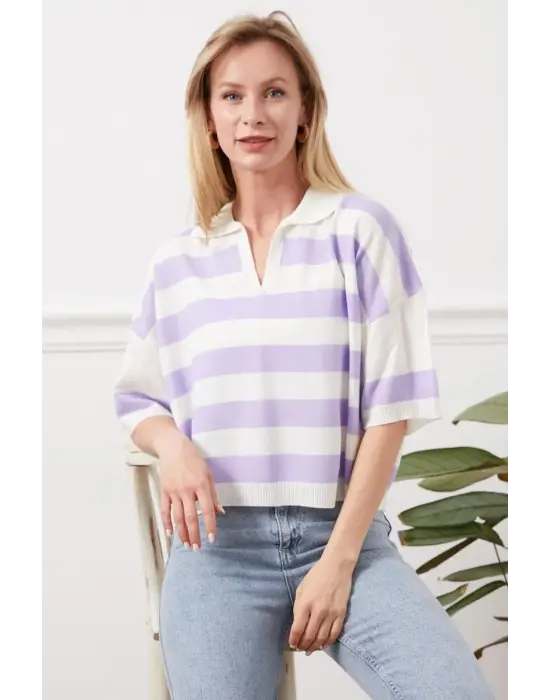 Gömlek Yaka Çizgili Triko Tişört