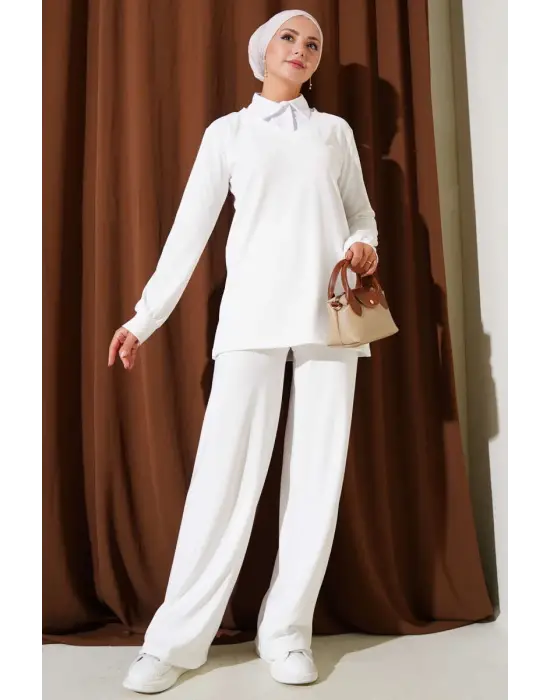 Gömlek Yaka Fitilli Salaş İkili Takım Beyaz T4300