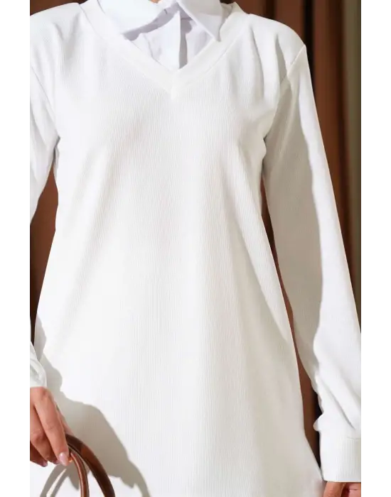 Gömlek Yaka Fitilli Salaş İkili Takım Beyaz T4300