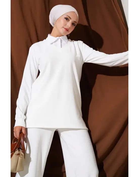 Gömlek Yaka Fitilli Salaş İkili Takım Beyaz T4300