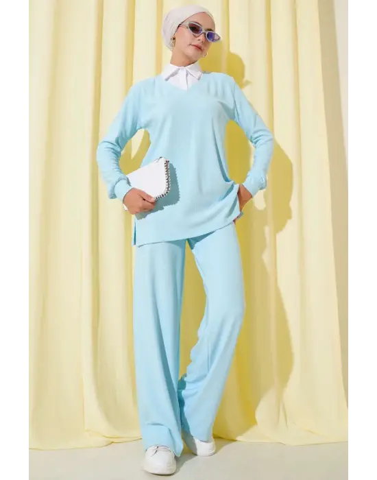 Gömlek Yaka Fitilli Salaş İkili Takım Buz Mavisi T4300