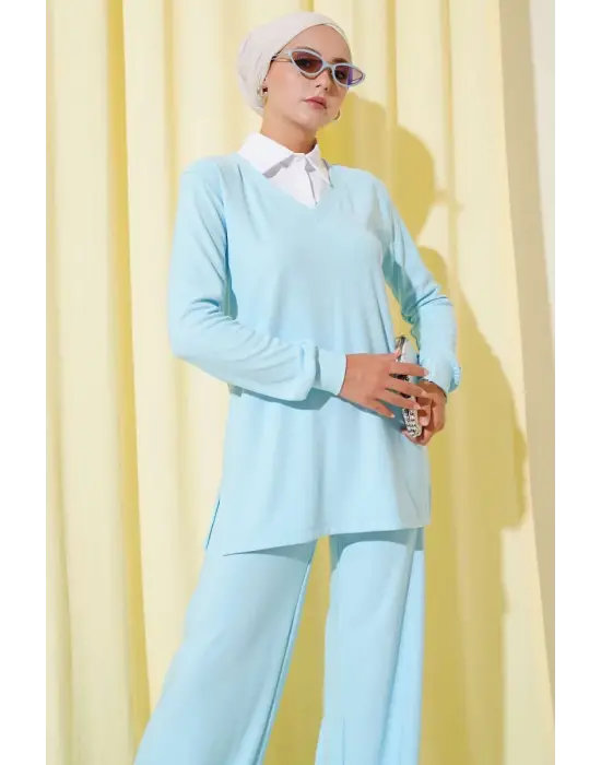 Gömlek Yaka Fitilli Salaş İkili Takım Buz Mavisi T4300