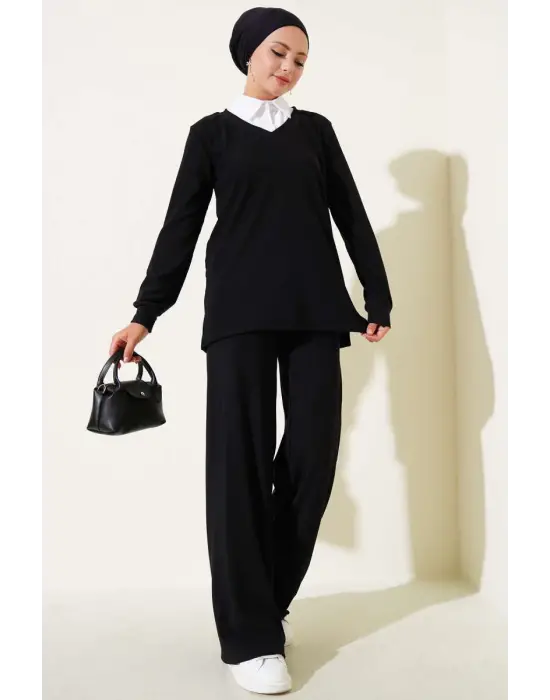 Gömlek Yaka Fitilli Salaş İkili Takım Siyah T4300