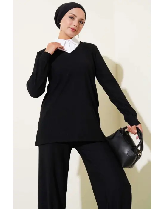 Gömlek Yaka Fitilli Salaş İkili Takım Siyah T4300