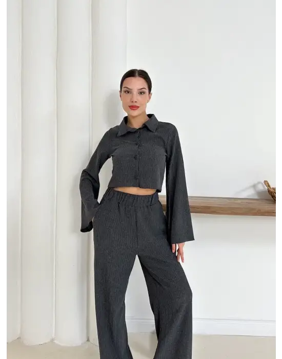 Gömlek Yaka Kaplama Düğmeli Takım Antrasit St265866
