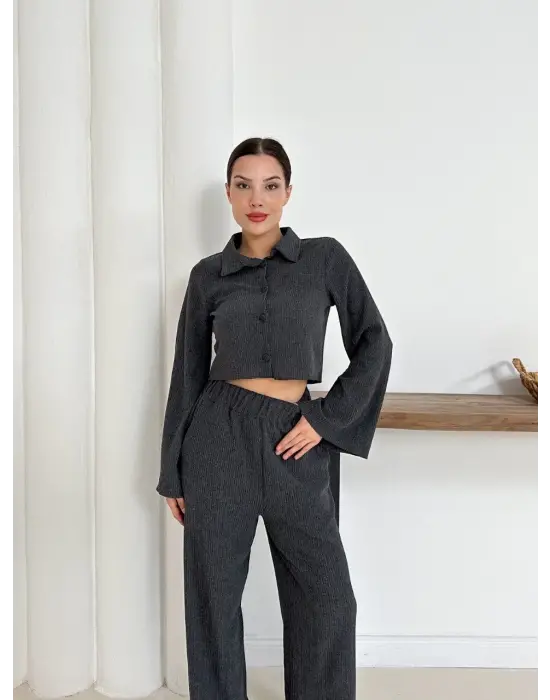 Gömlek Yaka Kaplama Düğmeli Takım Antrasit St265866