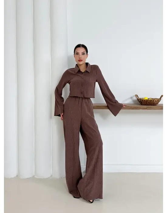 Gömlek Yaka Kaplama Düğmeli Takım Kahve St265866