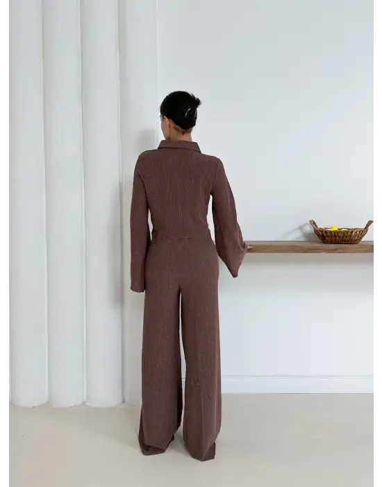 Gömlek Yaka Kaplama Düğmeli Takım Kahve St265866