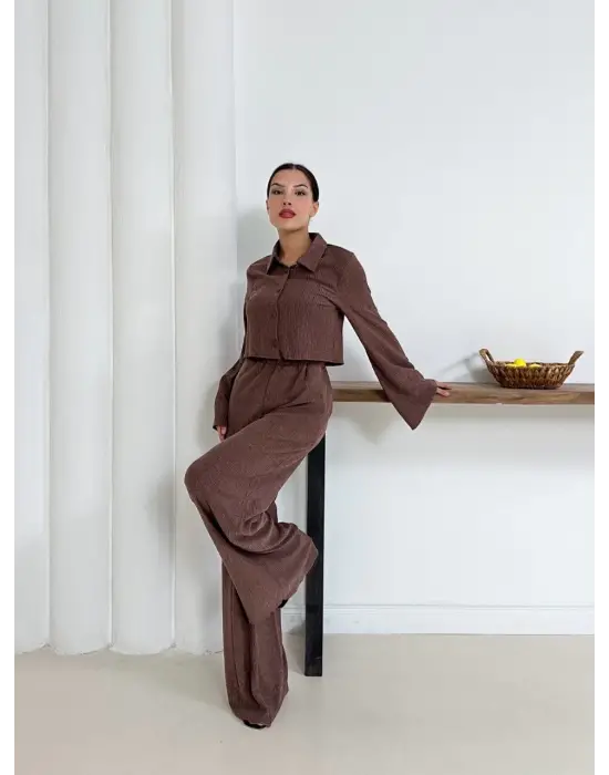 Gömlek Yaka Kaplama Düğmeli Takım Kahve St265866