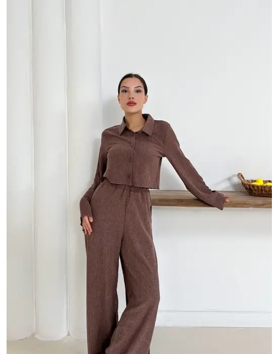 Gömlek Yaka Kaplama Düğmeli Takım Kahve St265866