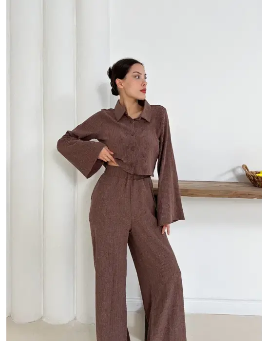 Gömlek Yaka Kaplama Düğmeli Takım Kahve St265866