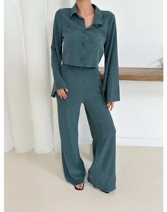 Gömlek Yaka Kaplama Düğmeli Takım Petrol Yeşili St265866
