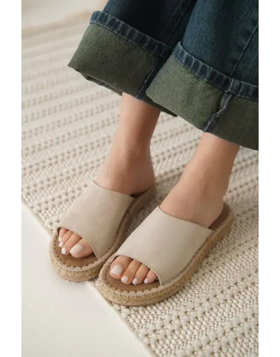 Grey Süet Bej Kadın Terlik