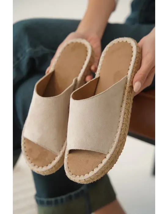 Grey Süet Bej Kadın Terlik