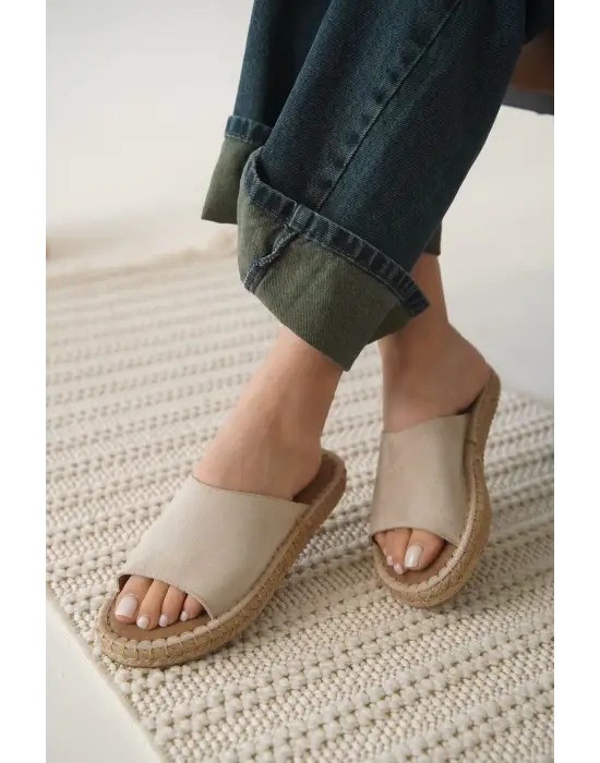 Grey Süet Bej Kadın Terlik