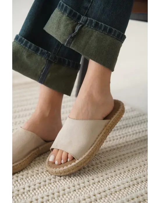 Grey Süet Bej Kadın Terlik