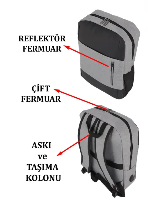 Gri Darbe Emici Korumalı Usb Aparatlı 14-15,6 Inç Laptop Bölmeli Ithal Sırt Çantası