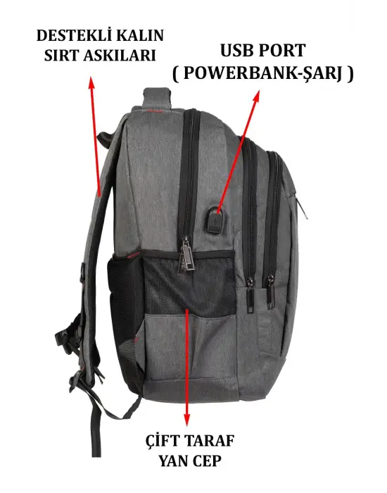 Gri Sportif Darbe Emici Su Geçirmez 14-16 inç Laptop Sırt Çantası