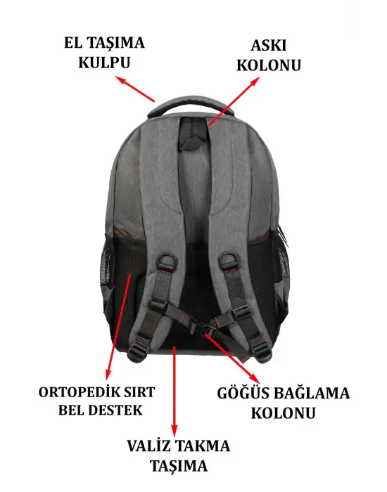 Gri Sportif Darbe Emici Su Geçirmez 14-16 inç Laptop Sırt Çantası