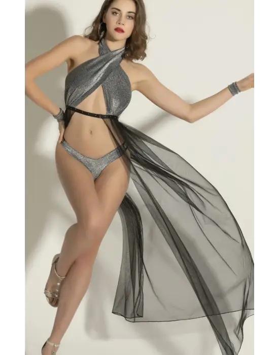 Gümüş Işıltılı Tül Detaylı Seksi Fantezi İç Giyim Seti,3 Parça Seksi Fantazi Kostüm