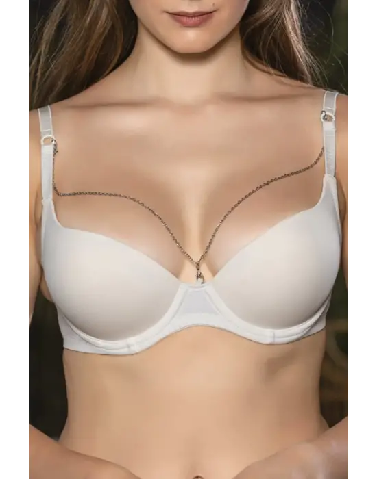 Günlük Kullanıma Uygun Ekru Zincir Aksesuarlı Yarım Push-up Sütyen,destekli, Düşük Dekolte Uyumlu