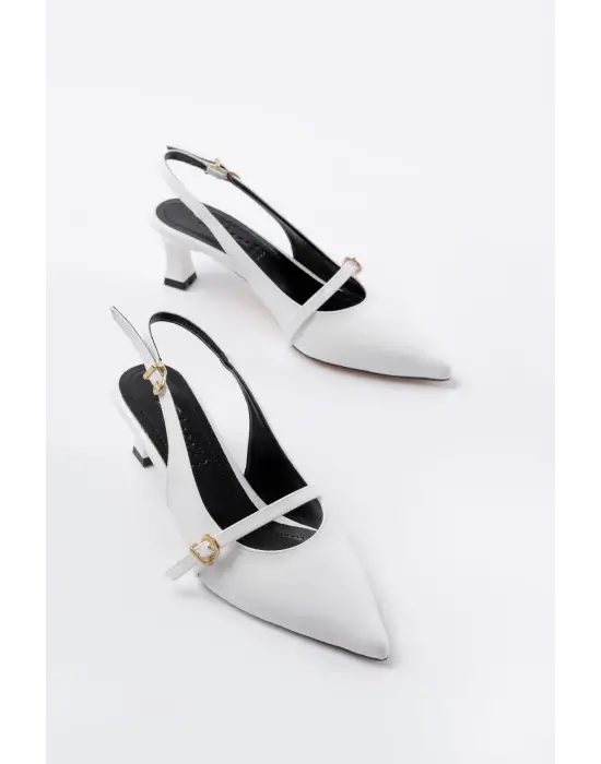 H-470 Beyaz Rugan Baret Tokalı Arkası Açık Günlük Kadın Sandalet