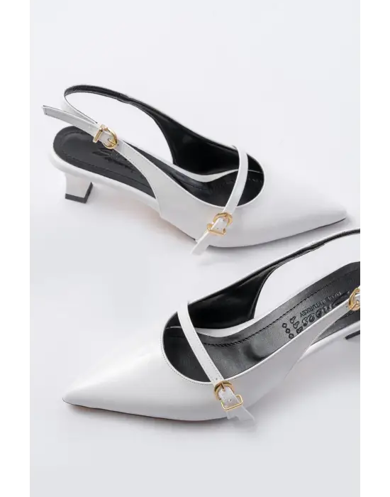 H-470 Beyaz Rugan Baret Tokalı Arkası Açık Günlük Kadın Sandalet