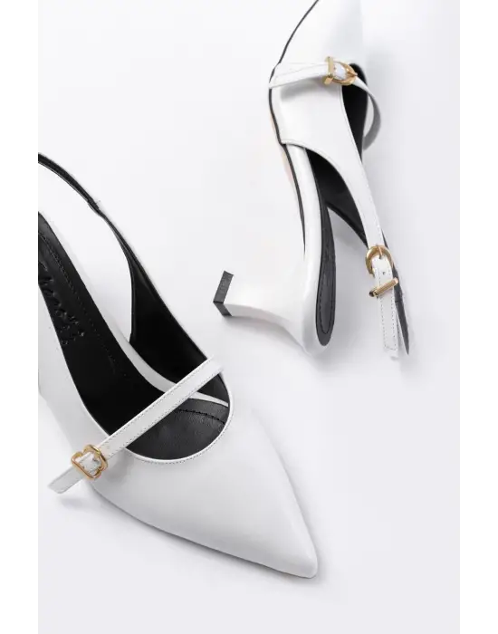 H-470 Beyaz Rugan Baret Tokalı Arkası Açık Günlük Kadın Sandalet