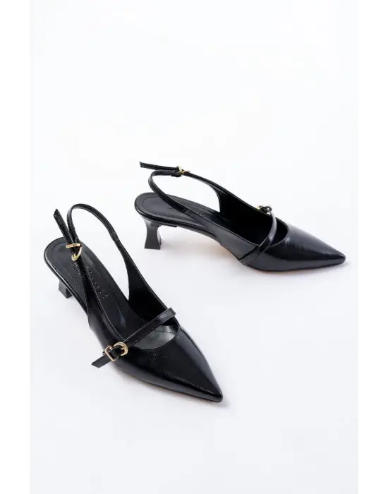 H-470 Siyah Rugan Baret Tokalı Arkası Açık Günlük Kadın Sandalet