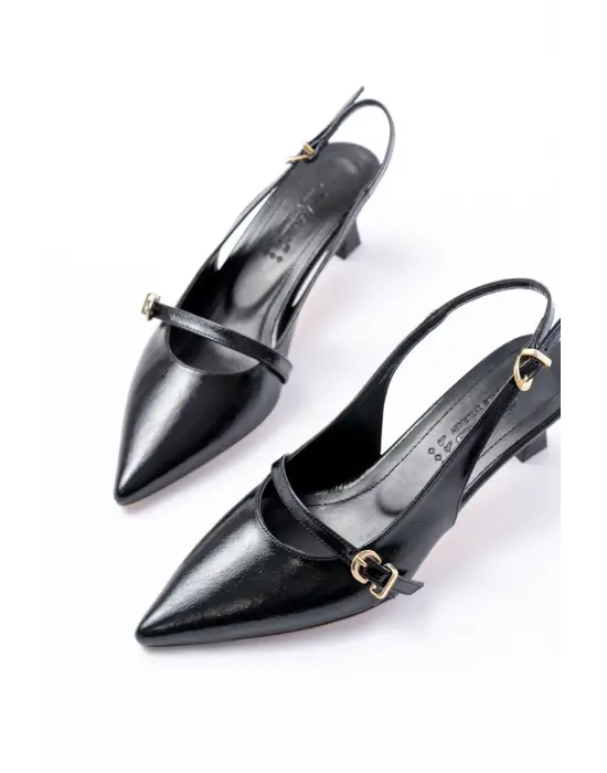 H-470 Siyah Rugan Baret Tokalı Arkası Açık Günlük Kadın Sandalet