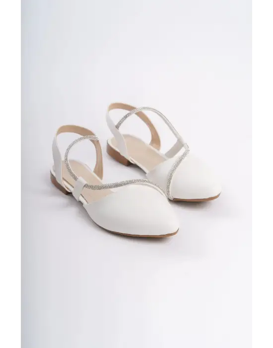 Hannah Lastikli Ortopedik Rahat Taban Taş Detaylı Kadın Babet Ayakkabı  Kt - Beyaz