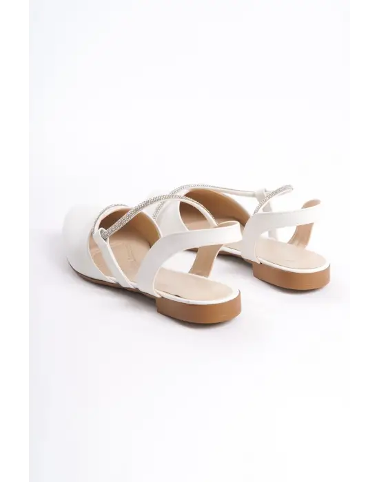 Hannah Lastikli Ortopedik Rahat Taban Taş Detaylı Kadın Babet Ayakkabı  Kt - Beyaz