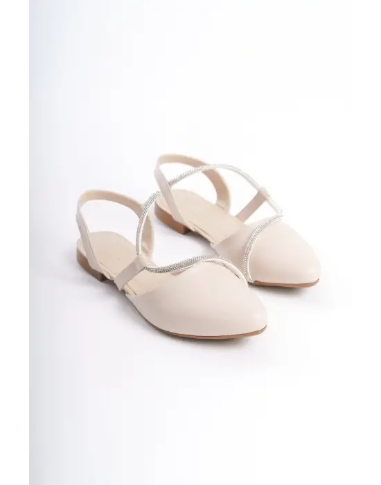 Hannah Lastikli Ortopedik Rahat Taban Taş Detaylı Kadın Babet Ayakkabı  Kt - Krem