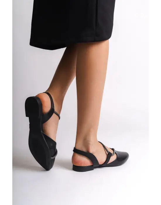 Hannah Lastikli Ortopedik Rahat Taban Taş Detaylı Kadın Babet Ayakkabı  St - Siyah