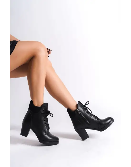 Helen Bağcıklı Fermuarlı Ortopedik Taban Topuklukadın Bot  St - Siyah
