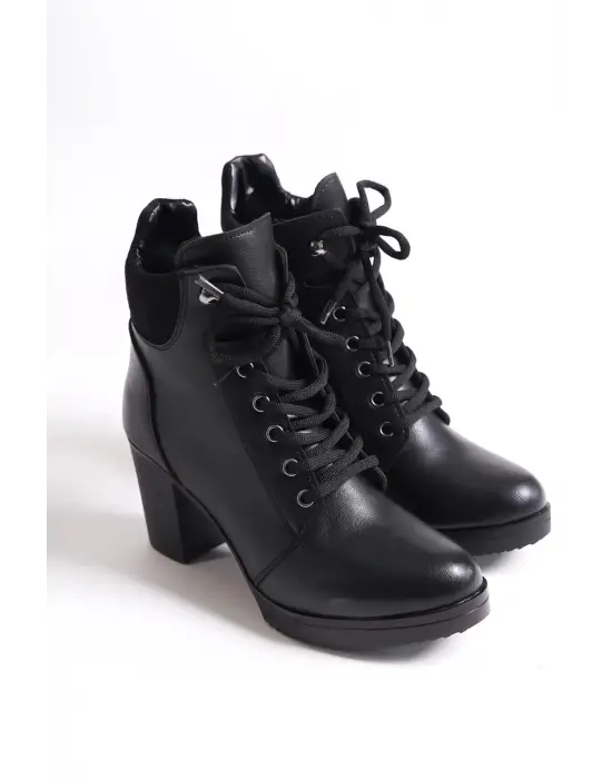 Helen Bağcıklı Fermuarlı Ortopedik Taban Topuklukadın Bot  St - Siyah