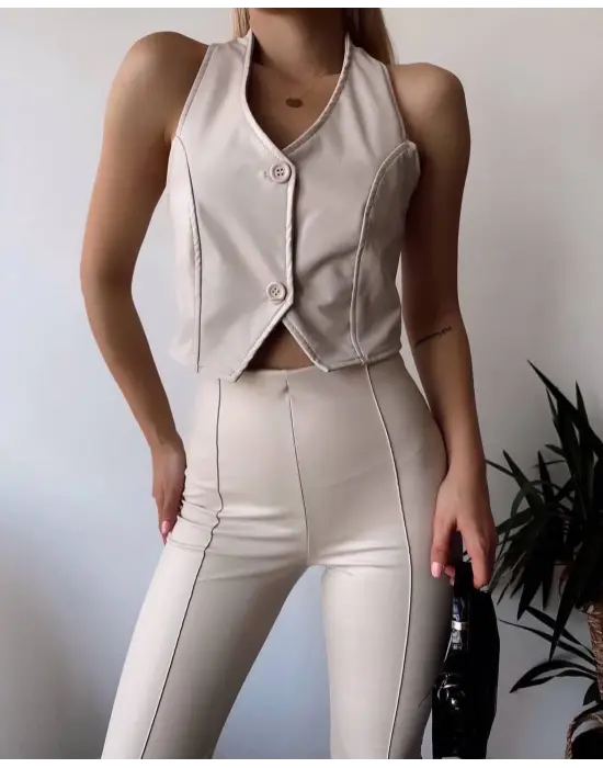 İki Düğmeli Deri Yelek Krem S243001