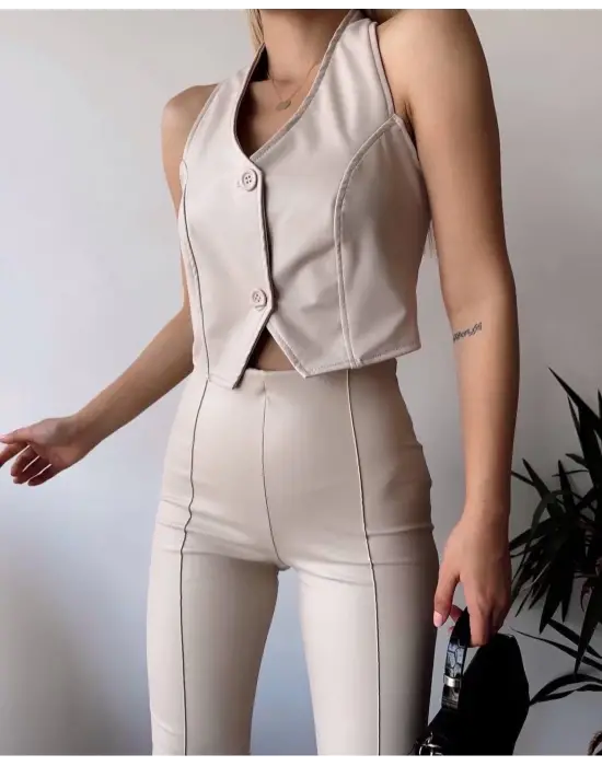 İki Düğmeli Deri Yelek Krem S243001