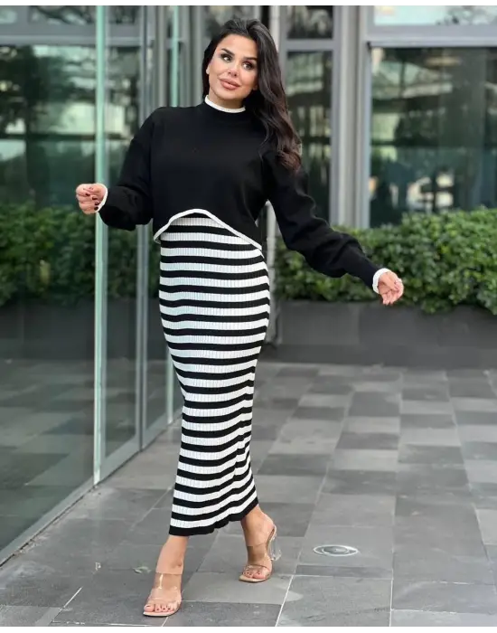 İkili Triko Elbise Takım Siyah Beyaz