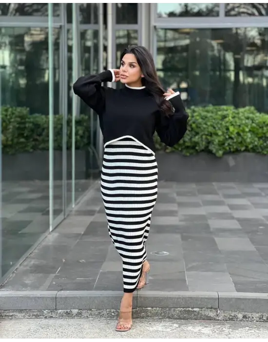 İkili Triko Elbise Takım Siyah Beyaz